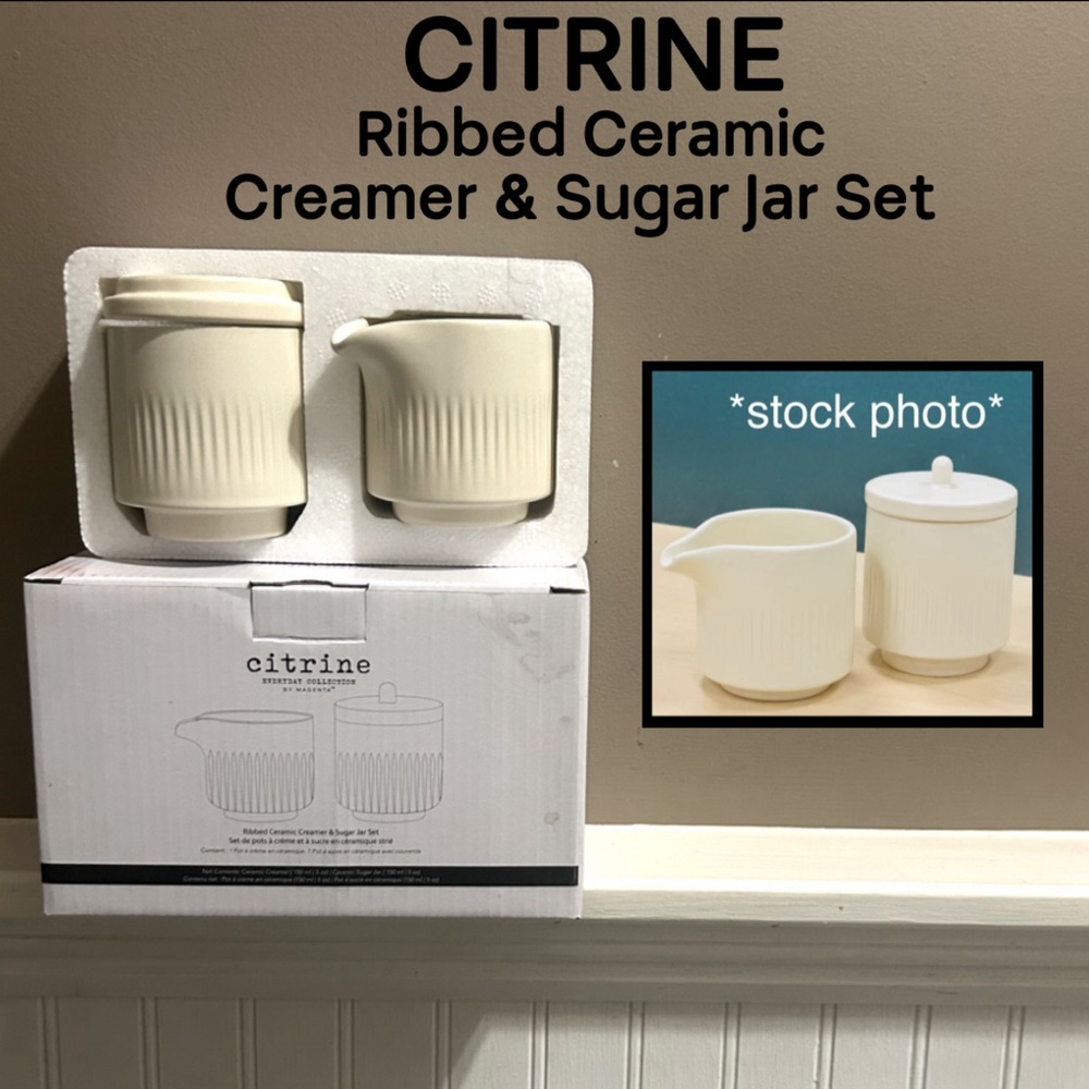 NWT 2-Piece CITRINE Ribbed Ceramic Creamer & Sugar Jar Set